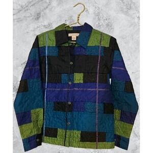 Clothes Patchwork Quilted Jacket Womens Small Blue Green Black Button Front